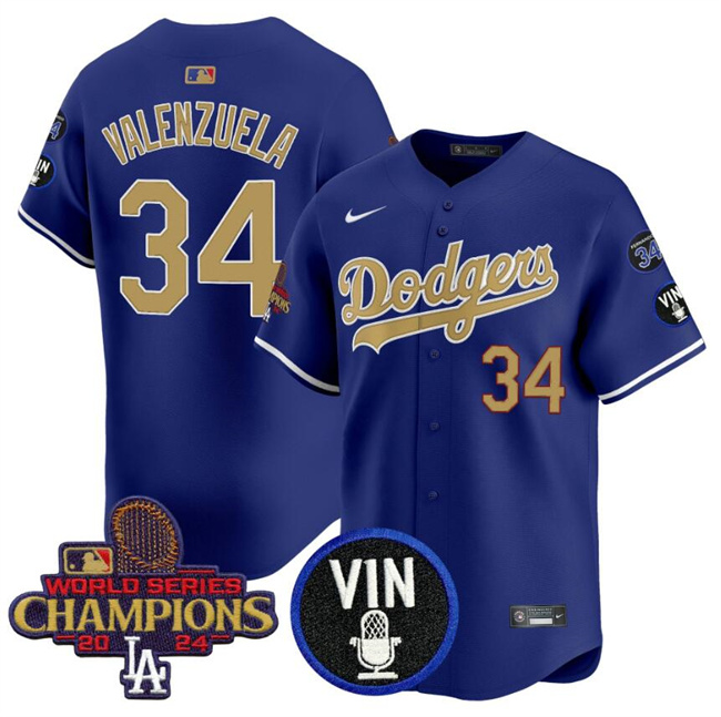 Men's Los Angeles Dodgers #34 Fernando Valenzuela Royal/Gold 2024 World Series Champions With Vin Scully & #34 Fernando Patch Vapor Limited Stitched Baseball Jersey Men's Los Angeles Dodgers #34 Fernando Valenzuela Royal/Gold 2024 World Series Champions With Vin Scully & #34 Fernando Patch Vapor Limited Stitched Baseball Jersey